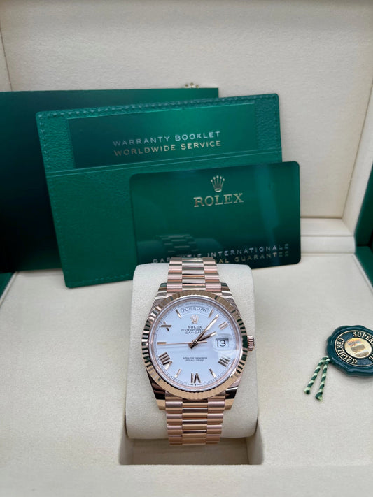 Day-Date 40 White Roman Everose President  White Against Rose Gold.