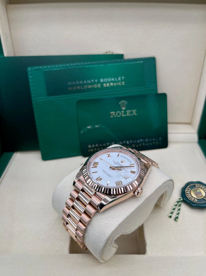 Day-Date 40 White Roman Everose President  White Against Rose Gold.