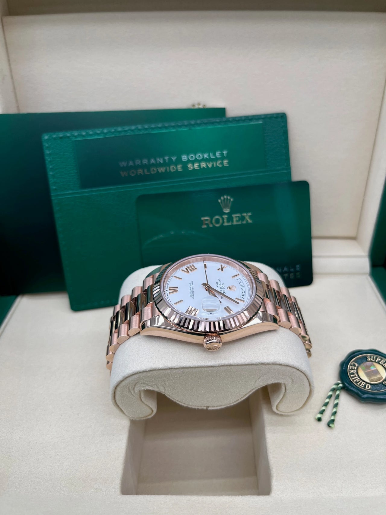 Day-Date 40 White Roman Everose President  White Against Rose Gold.