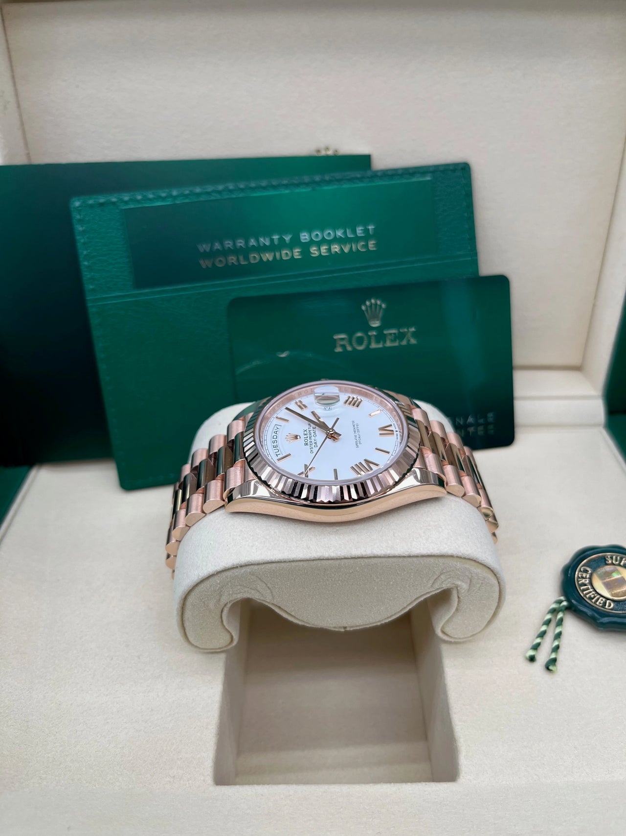 Day-Date 40 White Roman Everose President  White Against Rose Gold.