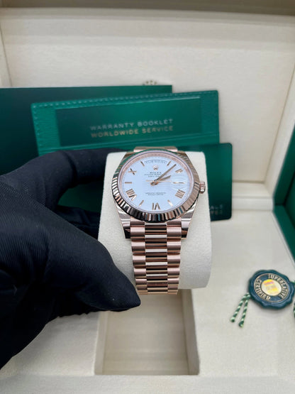 Day-Date 40 White Roman Everose President  White Against Rose Gold.