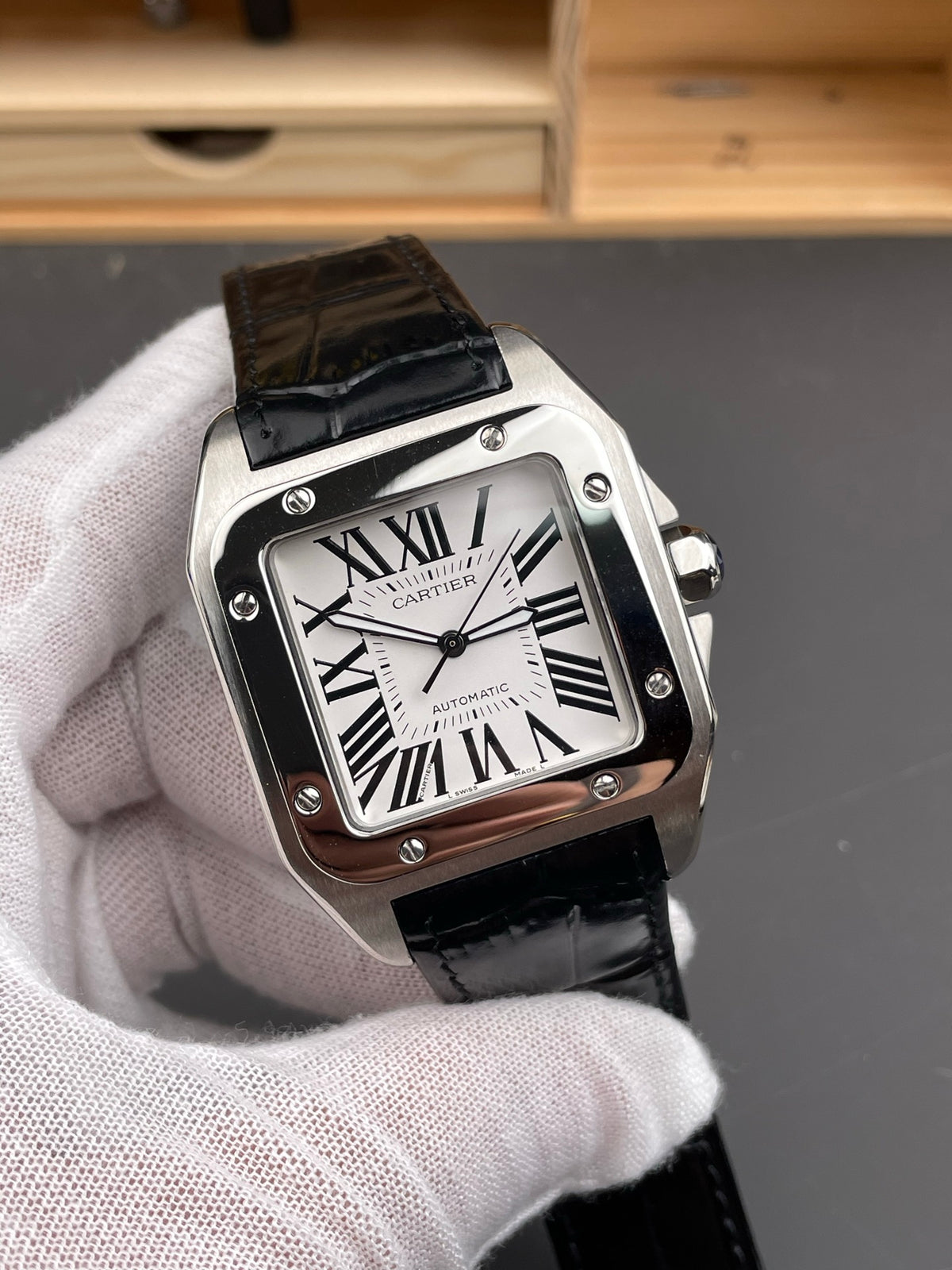 Santos 100 Steel White Dial
