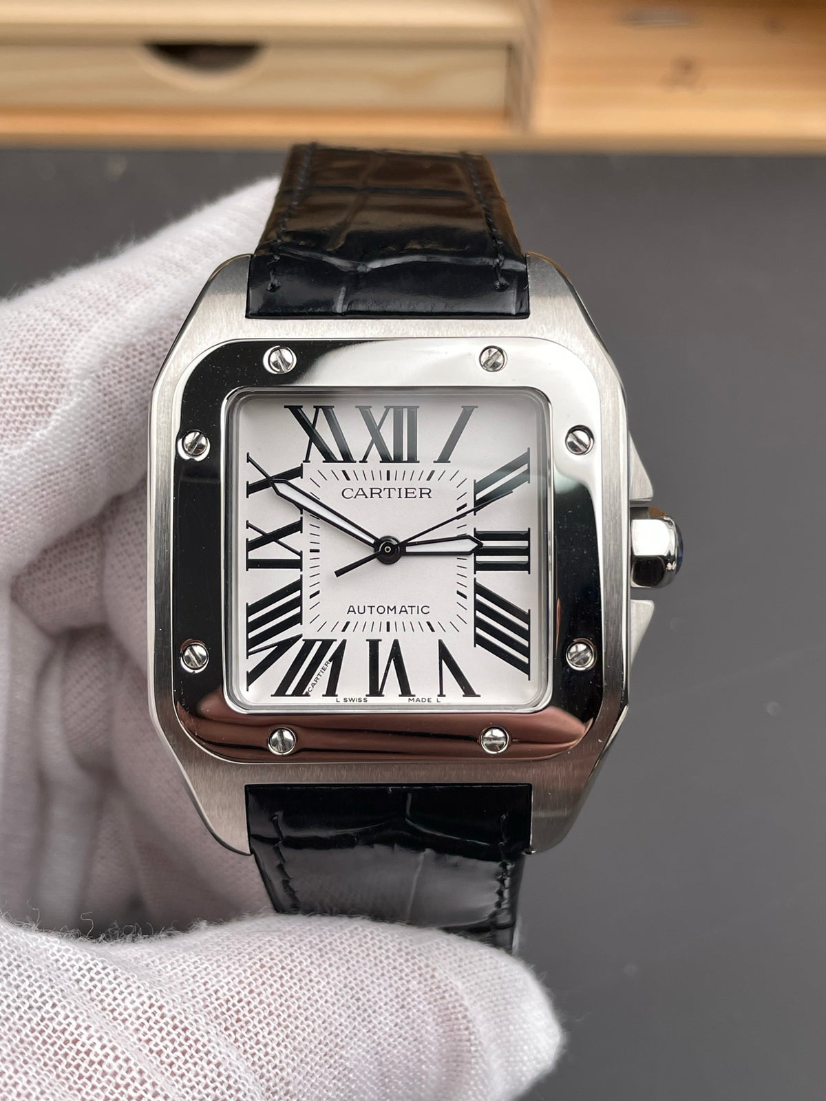 Santos 100 Steel White Dial