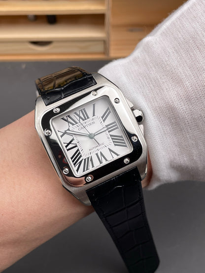 Santos 100 Steel White Dial