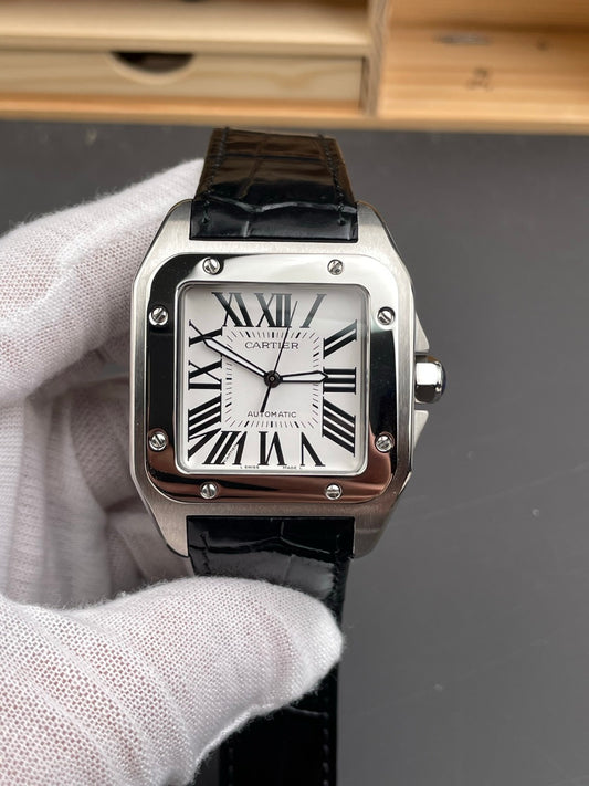 Santos 100 Steel White Dial