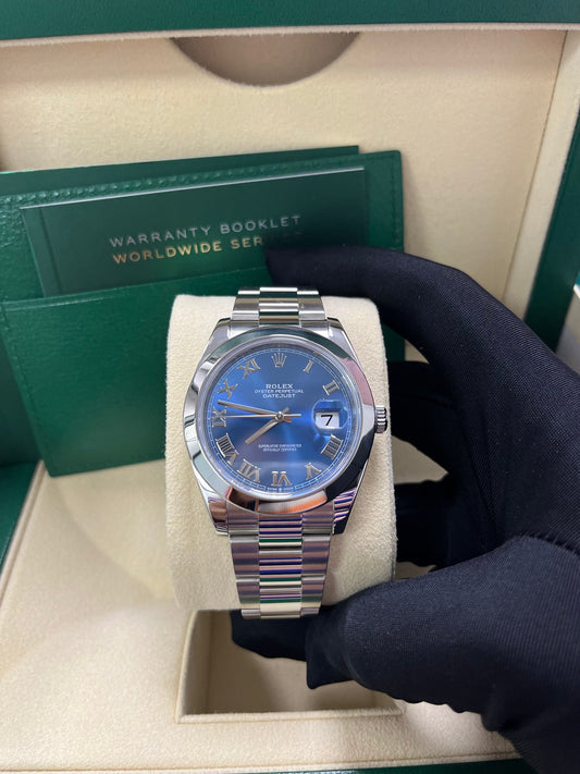 Datejust 41 Blue Roman Dial White Gold Fluted Oyster
